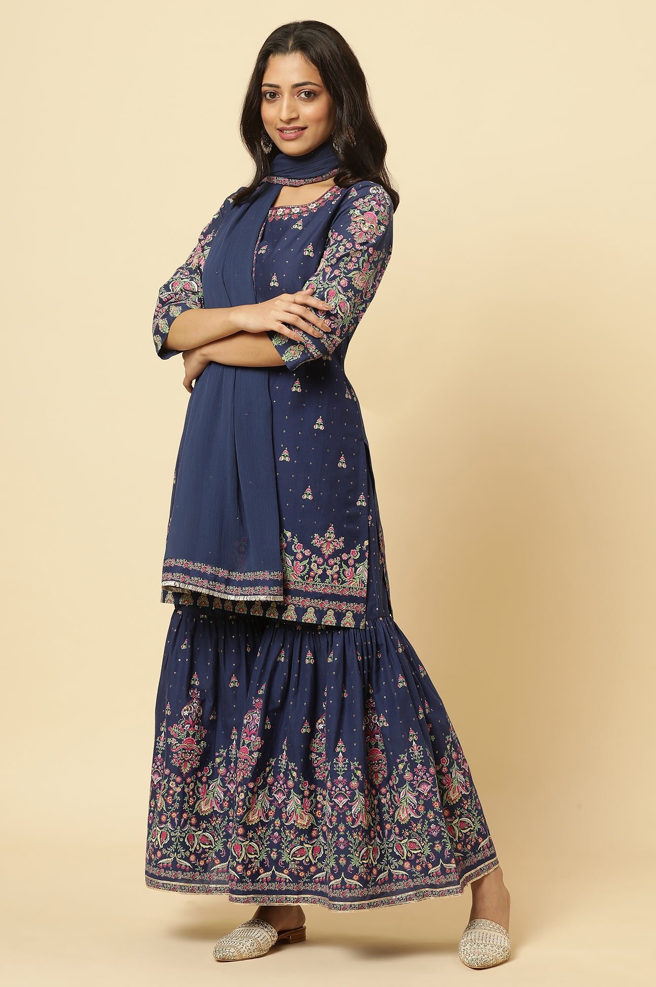 Blue Floral Printed Kurta, Sharara And Dupatta Set - Image 5